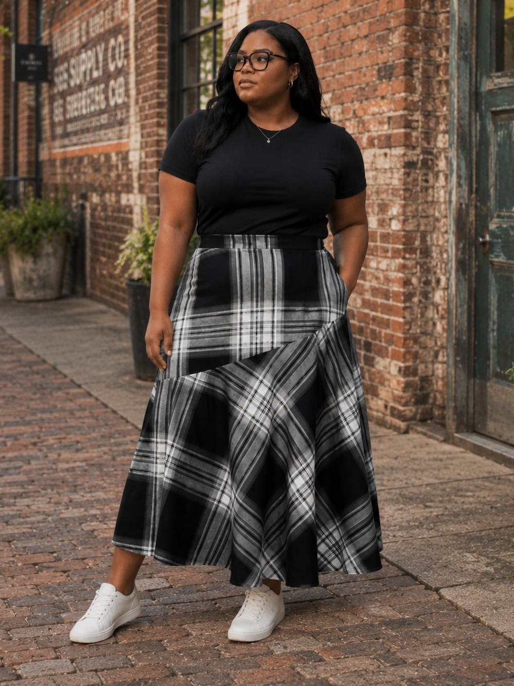 Women’s Plus Size 24 Black Gray Plaid Preppy Flowy Midi Career Casual Skirt